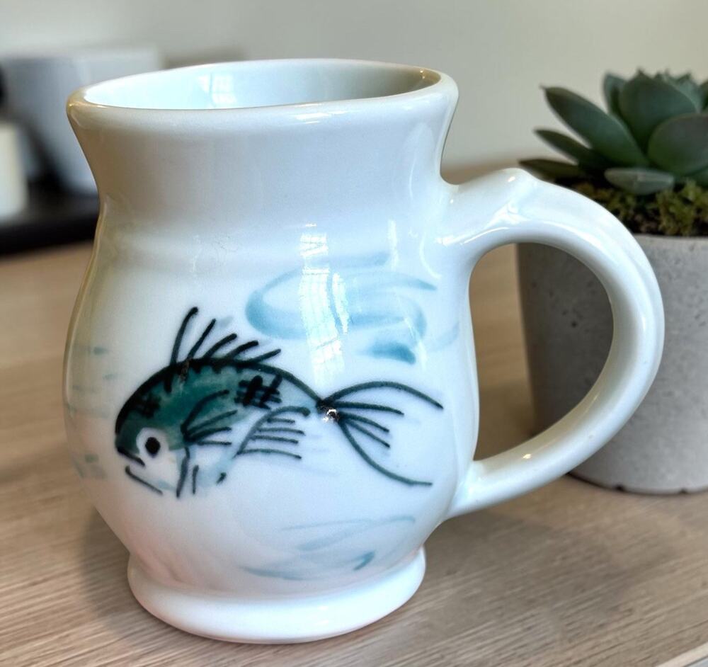 Vintage Signed Fish Mug Hand Painted Studio Pottery Ceramic Coffee Cup Nautical